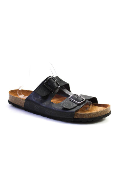 Valentino Mens Leather Monogram Buckled Flat Slides Sandals Black Brown Size 13