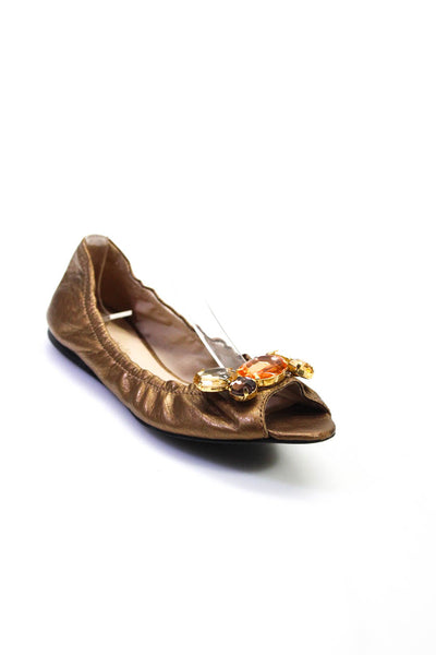 Kate Spade New York Womens Leather Rhinestone Peep Toe Flats Brown Size 6.5