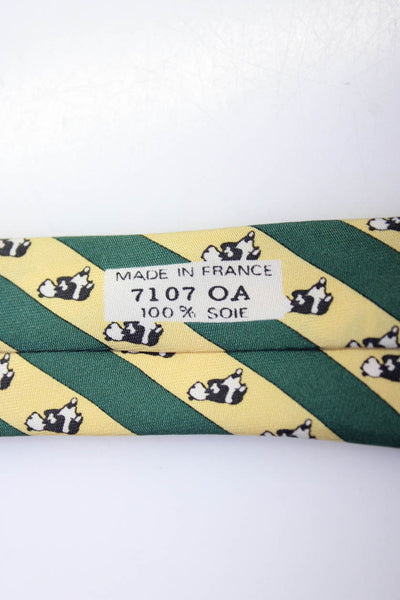 Hermes Mens Classic Width Striped Panda Printed Silk Tie Green Yellow