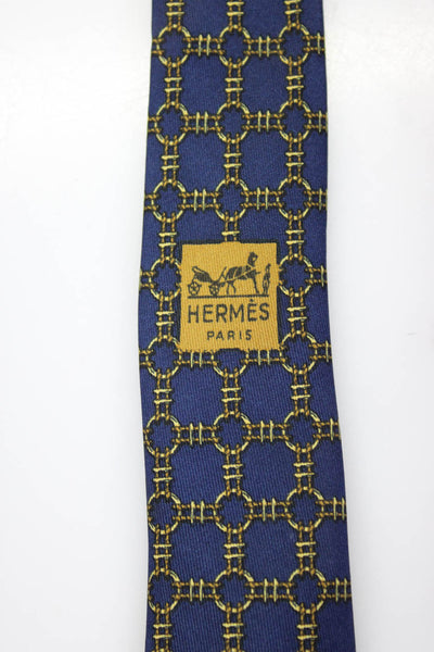 Hermes Mens Classic Width Abstract Print Silk Vintage Tie Navy Blue Brown