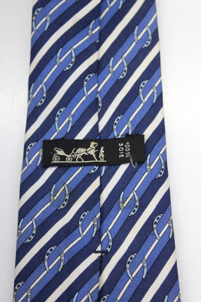 Hermes Mens Classic Width Horseshoe Striped Silk Tie Navy Blue White