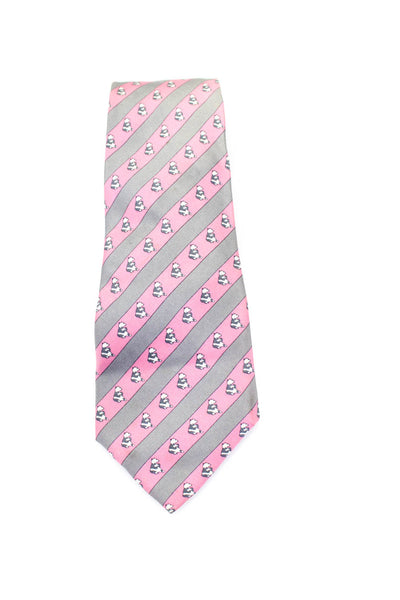 Hermes Mens Classic Width Striped Panda Printed Silk Tie Pink Gray White