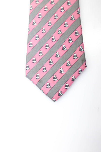 Hermes Mens Classic Width Striped Panda Printed Silk Tie Pink Gray White