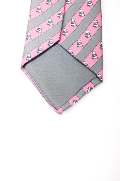 Hermes Mens Classic Width Striped Panda Printed Silk Tie Pink Gray White