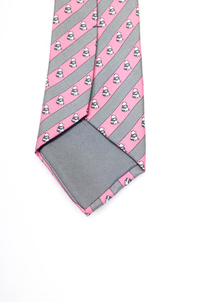 Hermes Mens Classic Width Striped Panda Printed Silk Tie Pink Gray White