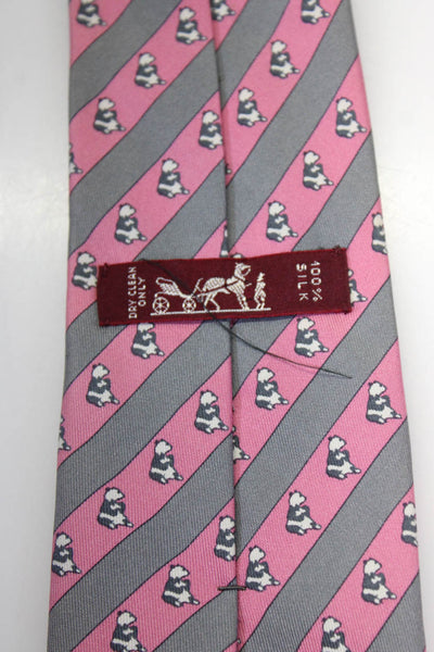 Hermes Mens Classic Width Striped Panda Printed Silk Tie Pink Gray White