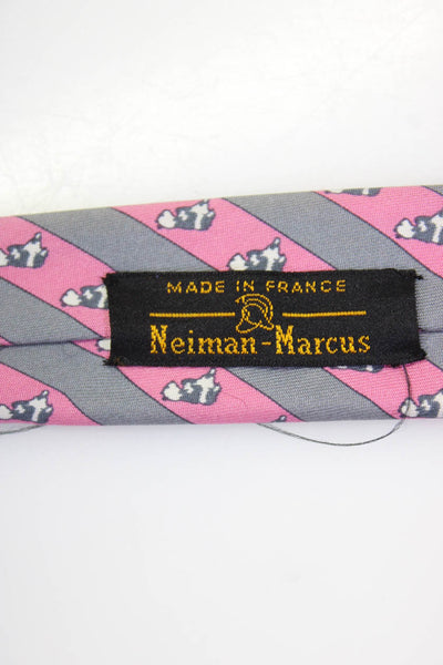 Hermes Mens Classic Width Striped Panda Printed Silk Tie Pink Gray White