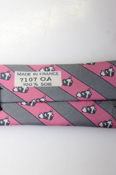 Hermes Mens Classic Width Striped Panda Printed Silk Tie Pink Gray White