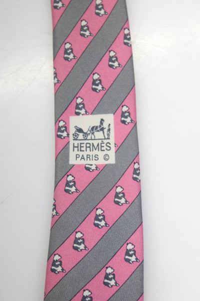 Hermes Mens Classic Width Striped Panda Printed Silk Tie Pink Gray White