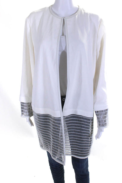 Elie Tahari Womens Leather Trim Open Knit Bottom Coat White Size Large