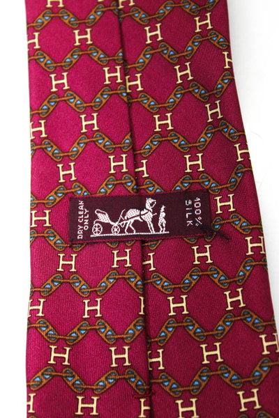 Hermes Mens Classic Width Argyle H Logo Print Silk Tie Magenta Brown White