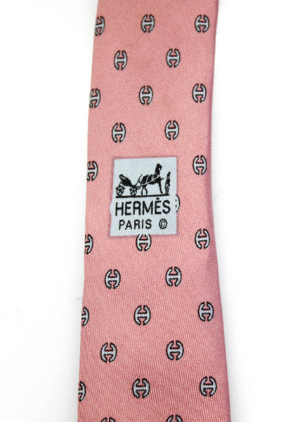 Hermes Mens Classic Width H Logo Printed Vintage Silk Tie Pink Black White