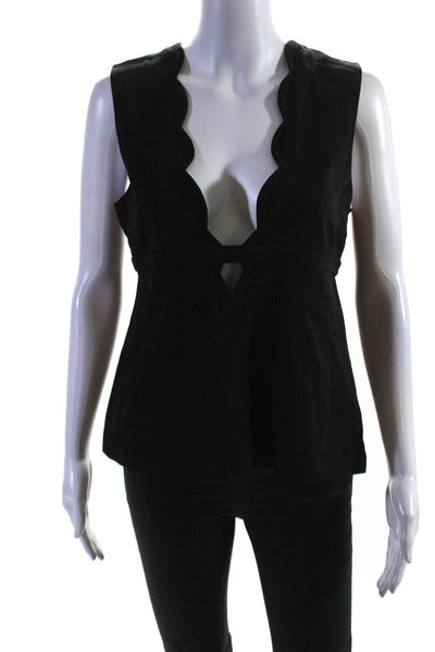 A.L.C. Womens Rayon Scalloped Trim Plunge V-Neck Sleeveless Blouse Black Size 4