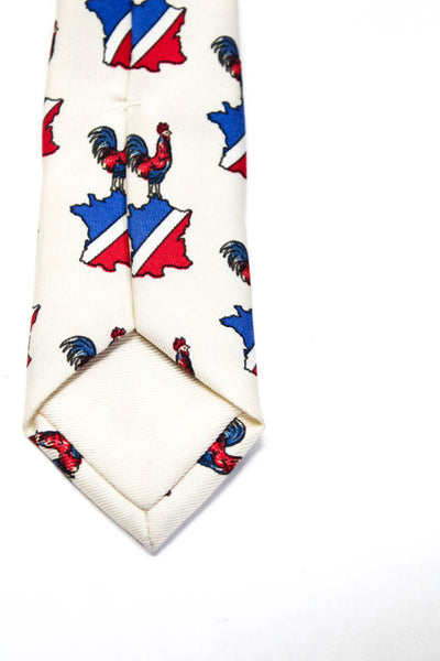Hermes Mens Classic Width Rooster Printed Silk Tie White Red Blue