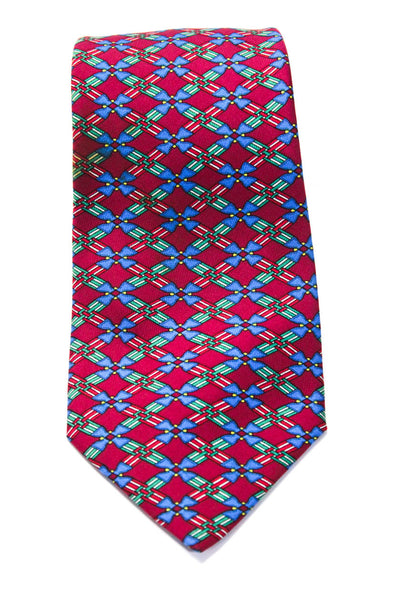 Hermes Mens Classic Width Striped Argyle Printed Silk Tie Red Green Blue
