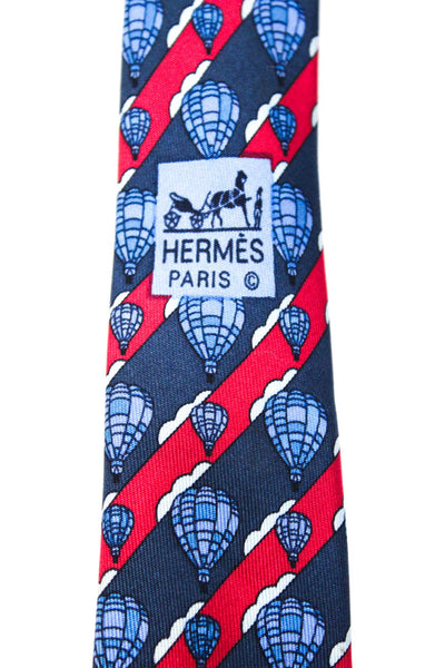Hermes Mens Classic Width Striped Hot Air Balloon Silk Tie Red Blue White