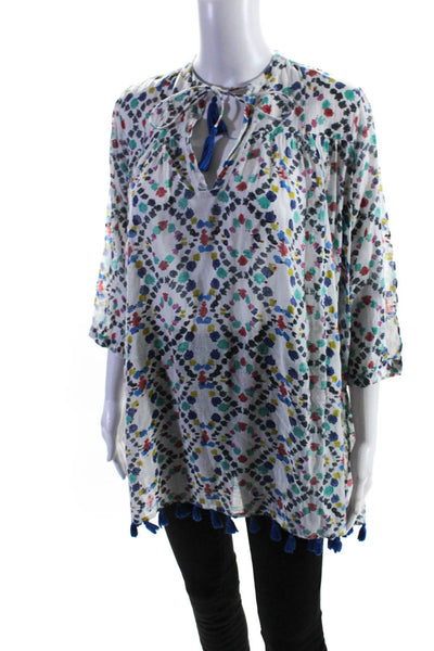 Roller Rabbit Womens 3/4 Sleeve V Neck Abstract Tassel Tunic Top White Small