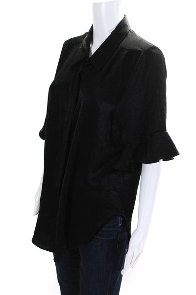 Misa Women's Short Sleeve Button Front Collar Blouse Black Size L