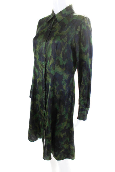 Elie Tahari Womens Abstract Collared Long Sleeve Button-Up Shirt Dress Green 6