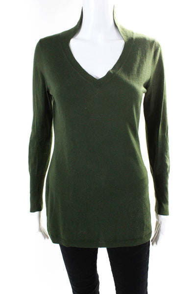 Elie Tahari Women's Lightweight Merino Wool V Neck Pullover Sweater Green Size M