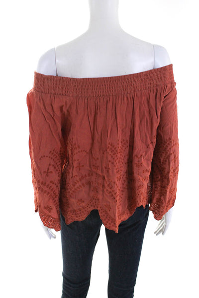 ASTR Womens 3/4 Sleeve Eyelet Scalloped Off Shoulder Shirt Orange Size XS