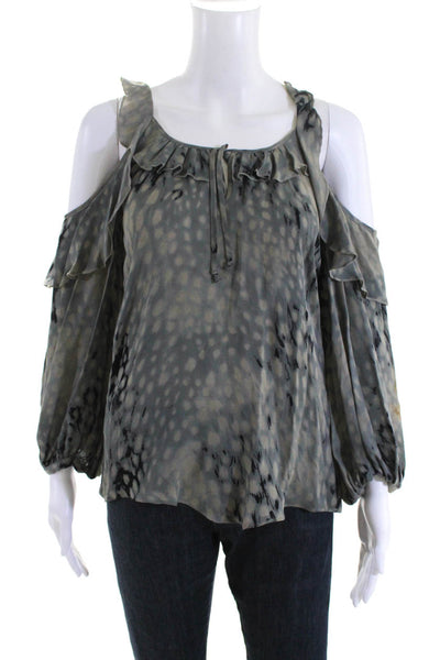 Parker Womens ScoopNeck Ruffled Cold Shoulder Shirt Gray Black Silk Size Small