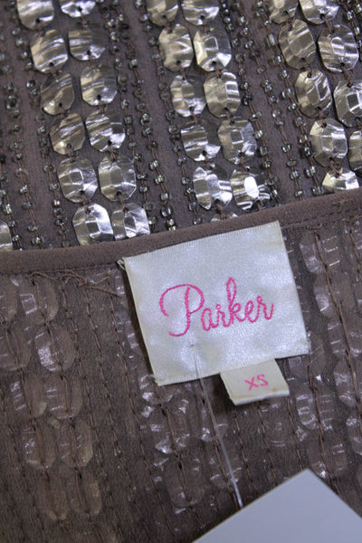 Parker Womens Cold Shoulder V Neck Beaded Embellished Silk Top Brown Size XS