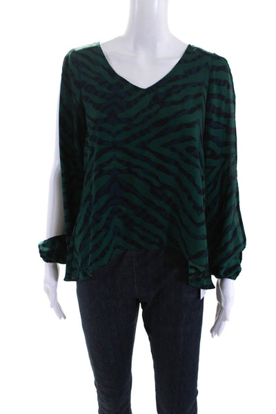 Lovers + Friends Womens Long Sleeve V Neck Abstract Shirt Green Blue Size XS