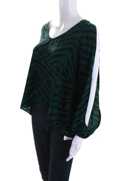 Lovers + Friends Womens Long Sleeve V Neck Abstract Shirt Green Blue Size XS