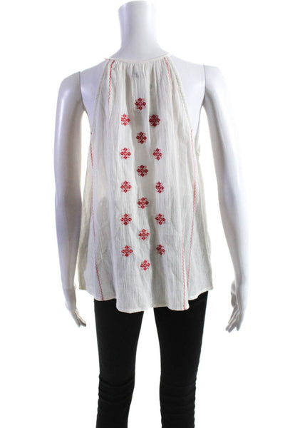 Joie Women's Sleeveless Button Down Embroidered Top White Red Size M
