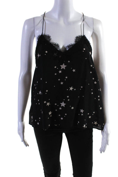 Cami Womens 100% Silk Star Print Lace V Neck Tank Top Blouse Black White Size S