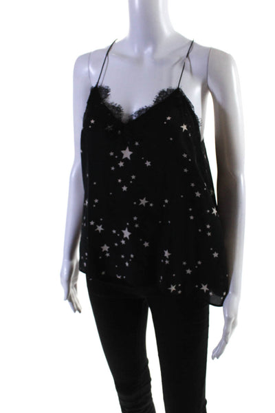 Cami Womens 100% Silk Star Print Lace V Neck Tank Top Blouse Black White Size S