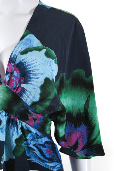Roberto Cavalli Womens Silk Abstract Print V Neck Blouse Navy Blue Size EUR 42