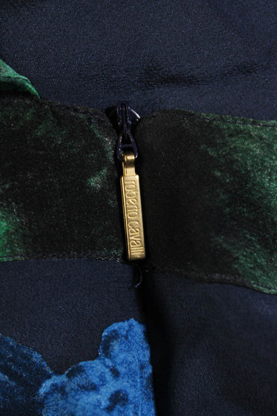 Roberto Cavalli Womens Silk Abstract Print V Neck Blouse Navy Blue Size EUR 42