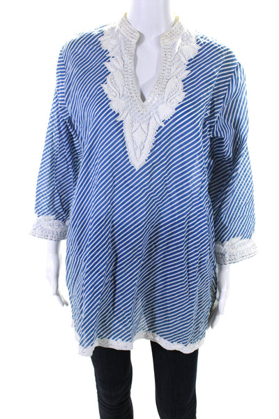Sulu Womens Striped Embroidered Textured Long Sleeve Tunic Top Blue Size 10