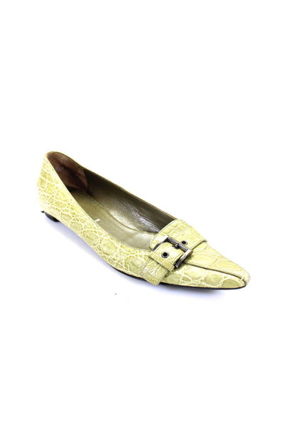 Prada Womens Green Alligator Skin Buckle Pointed Toe Flat Shoes Size 9.5