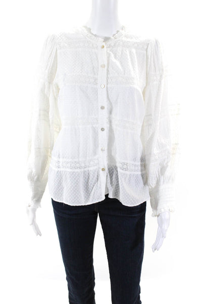 Love Shack Fancy Womens Button Front Crew Neck Lace Trim Shirt White Size Small