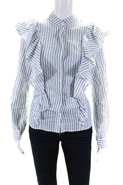 Rebecca Minkoff Womens Button Front Striped Ruffle Shirt White Blue Size Small