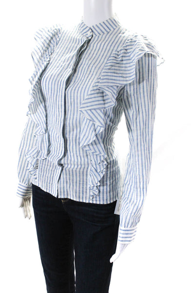 Rebecca Minkoff Womens Button Front Striped Ruffle Shirt White Blue Size Small