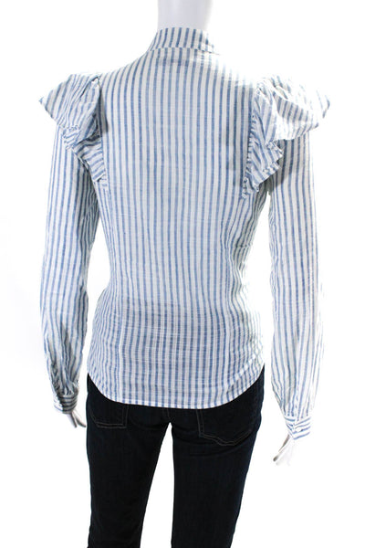 Rebecca Minkoff Womens Button Front Striped Ruffle Shirt White Blue Size Small