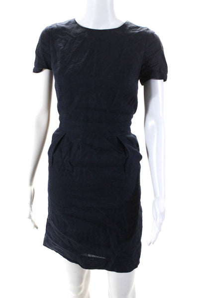 Brooks Brothers Womens Linen Short Sleeves Sheath Dress Navy Blue Size 2