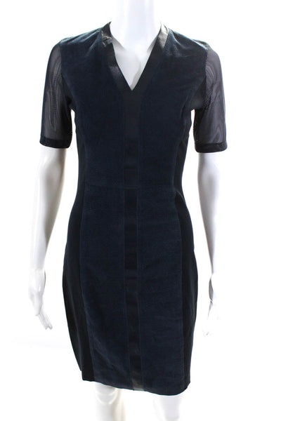 Elie Tahari Womens Suede V Neck Mesh Sleeves Pencil Dress Navy Blue Size 0