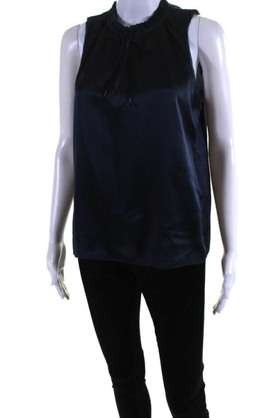Go Silk Womens Silk Pleated V-Neck Lace-Up Pullover Tank Top Blouse Navy Size S