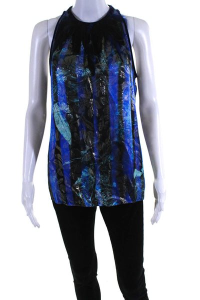 Elie Tahari Womens Metallic Jacquard Velvet Feather Tank Top Blouse Blue Small