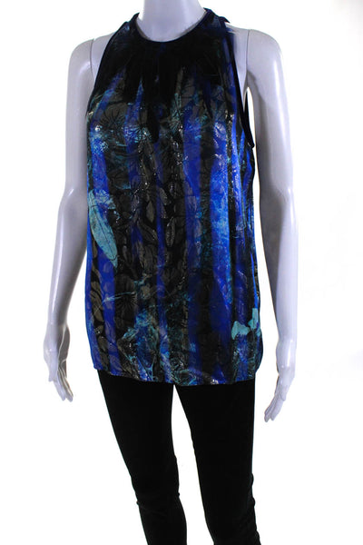 Elie Tahari Womens Metallic Jacquard Velvet Feather Tank Top Blouse Blue Small