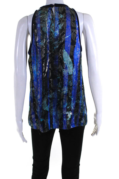 Elie Tahari Womens Metallic Jacquard Velvet Feather Tank Top Blouse Blue Small