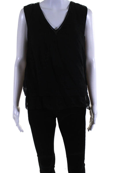 Elie Tahari Womens Sleeveless Layered Chiffon V Neck Tank Top Blouse Black Small