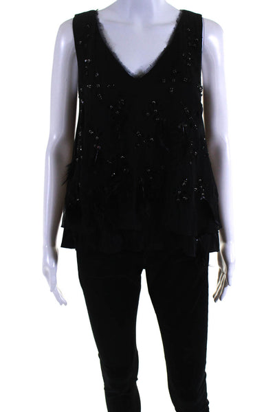 Elie Tahari Womens Rhinestone Cutout Feather Sleeveless Top Blouse Black Size XS