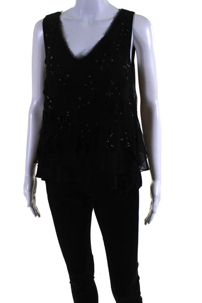 Elie Tahari Womens Rhinestone Cutout Feather Sleeveless Top Blouse Black Size XS