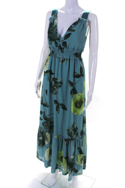 Pinko Womens Smocked Waist Floral Plisse Midi A Line Dress Blue Green Size 1